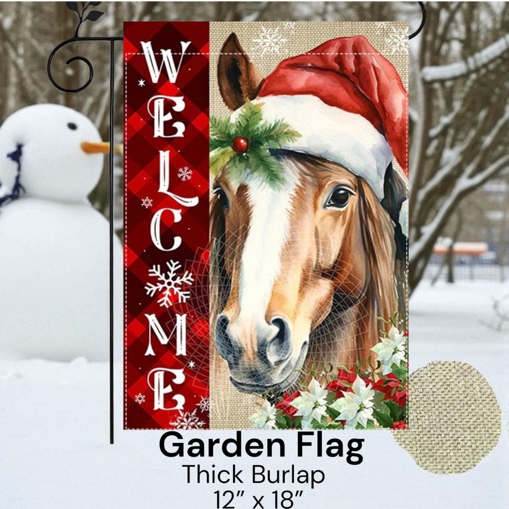 Garden Flag, 12”x18”, Christmas Horse, Thick Burlap Polyester Doublesided